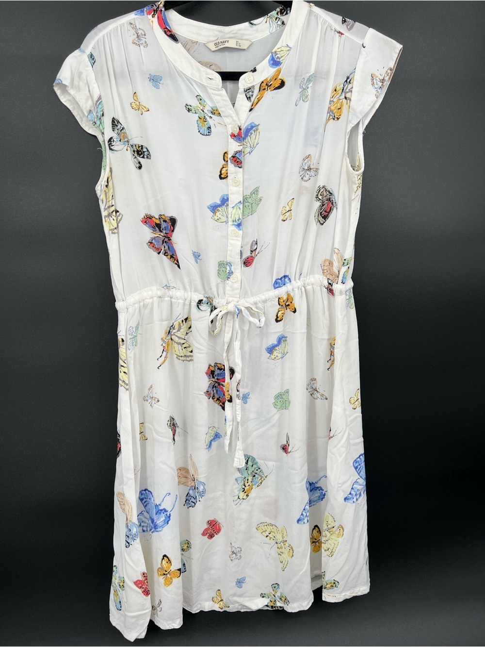 Old Navy White Butterfly-Print Drawstring Midi Dress -size Large
